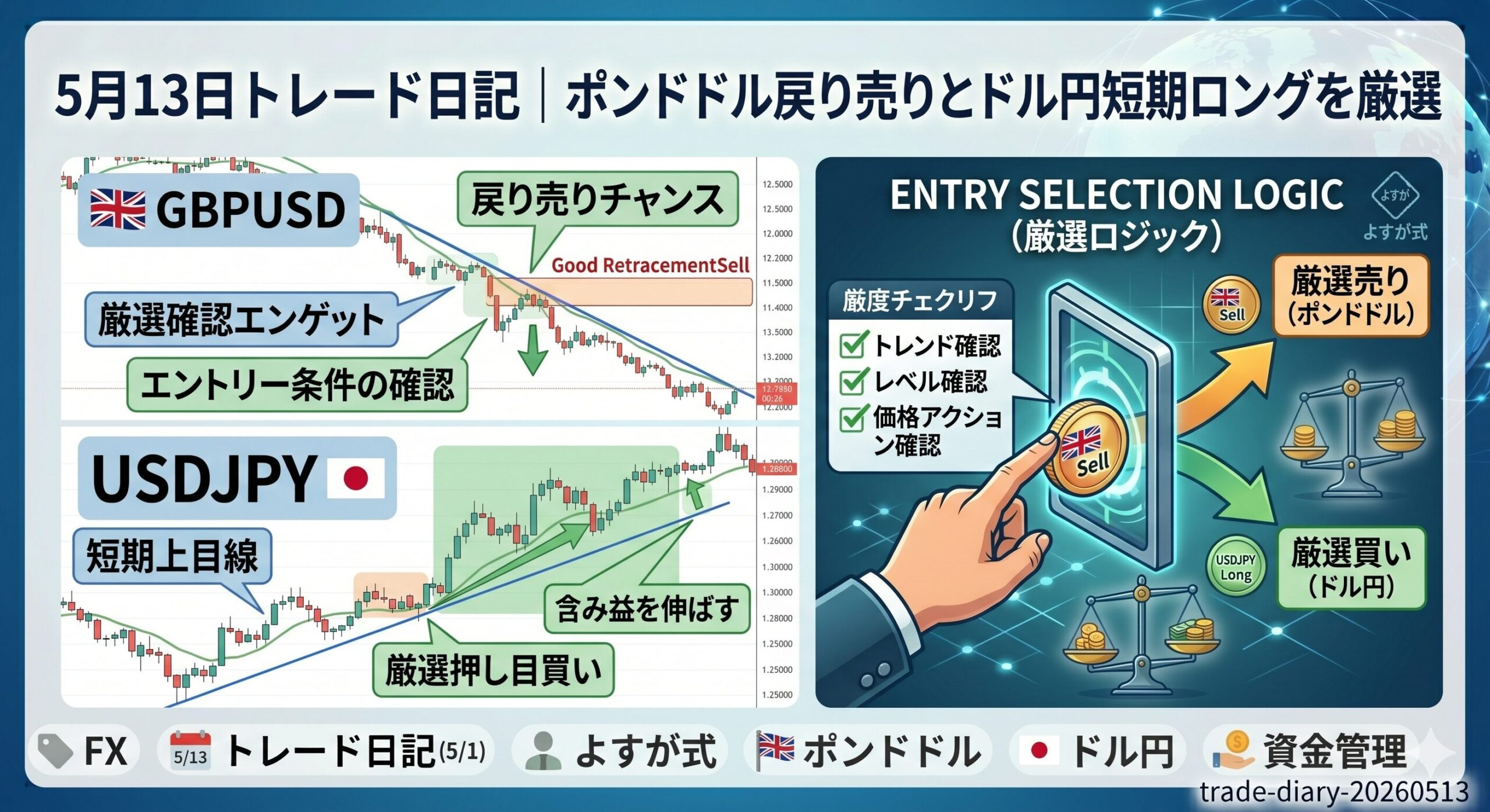 5月13日トレード日記｜ポンドドル戻り売りとドル円短期ロングを厳選